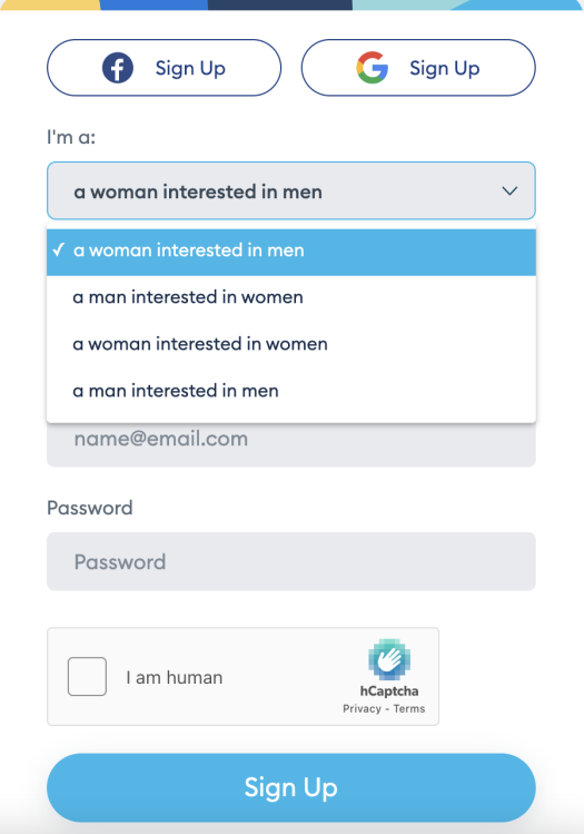 drop down menu of zoosk dating preference options which include a woman interested in men, a man interested in women, a woman interested in women, and a man interested in men