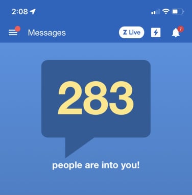 zoosk page reading "283 people are into you" 