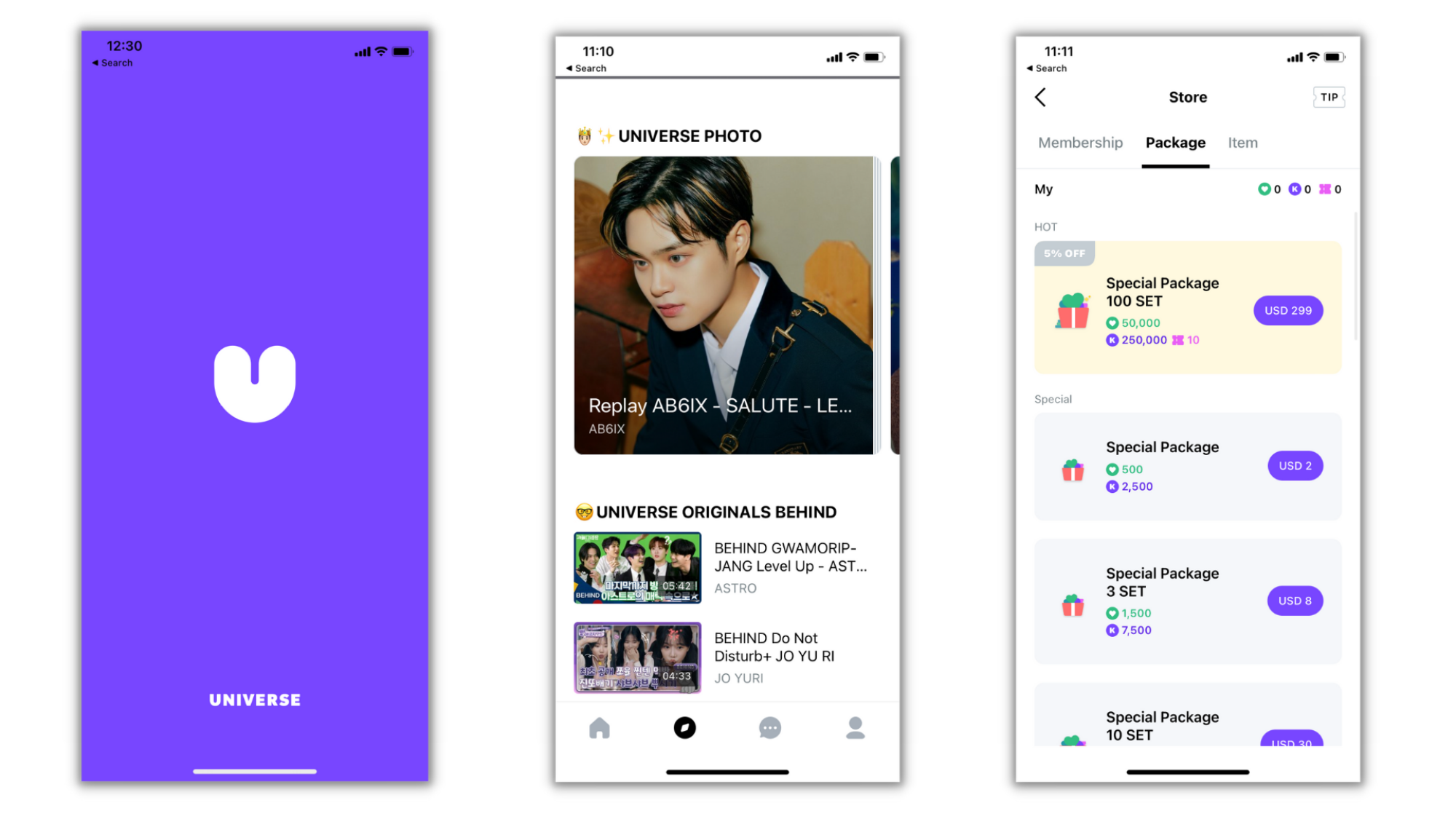 Three screenshots from the Universe app, including the purple loading screen, discover feed, and the store where you can buy Klap, Love, and raffle tickets.