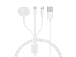 3-in-1 USB-C, iPhone & Apple Watch Lightning Charging Cable on a white background.