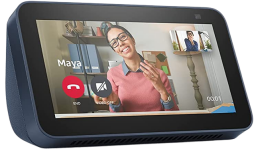 amazon echo show 5 in black with woman video chatting
