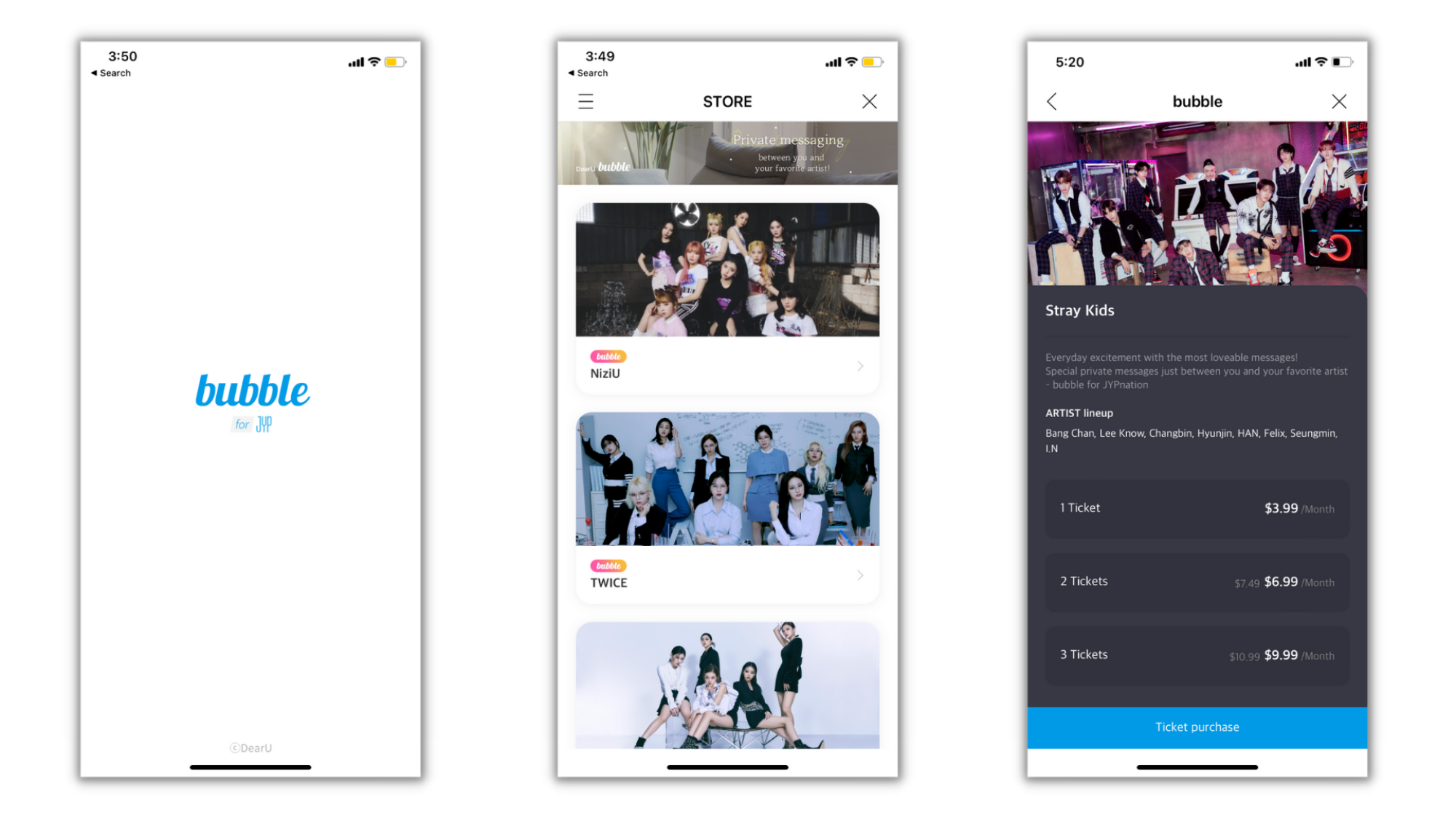 Three screenshots from the Bubble for JYP app, including the white loading screen, artist list, and the page to buy tickets to access artist communications.