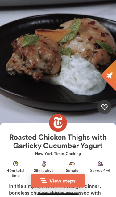 app screenshot of a recipe for chicken thighs with garlicky cucumber yogurt