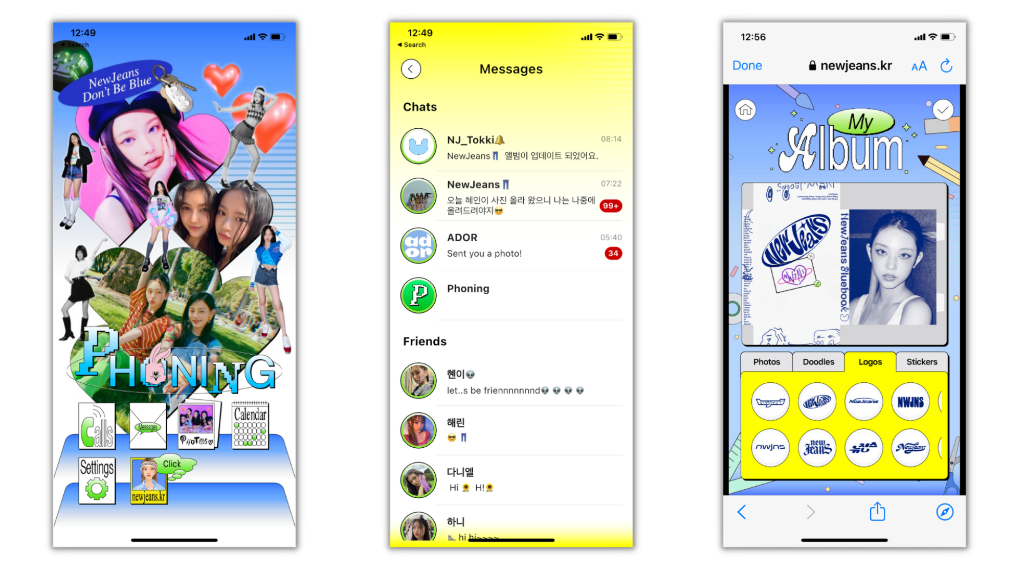 Three screenshots from the Phoning app, including the Y2K-tastic home screen, message list, and the in-app album decorating feature.