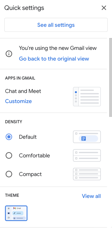 Gmail quick settings menu