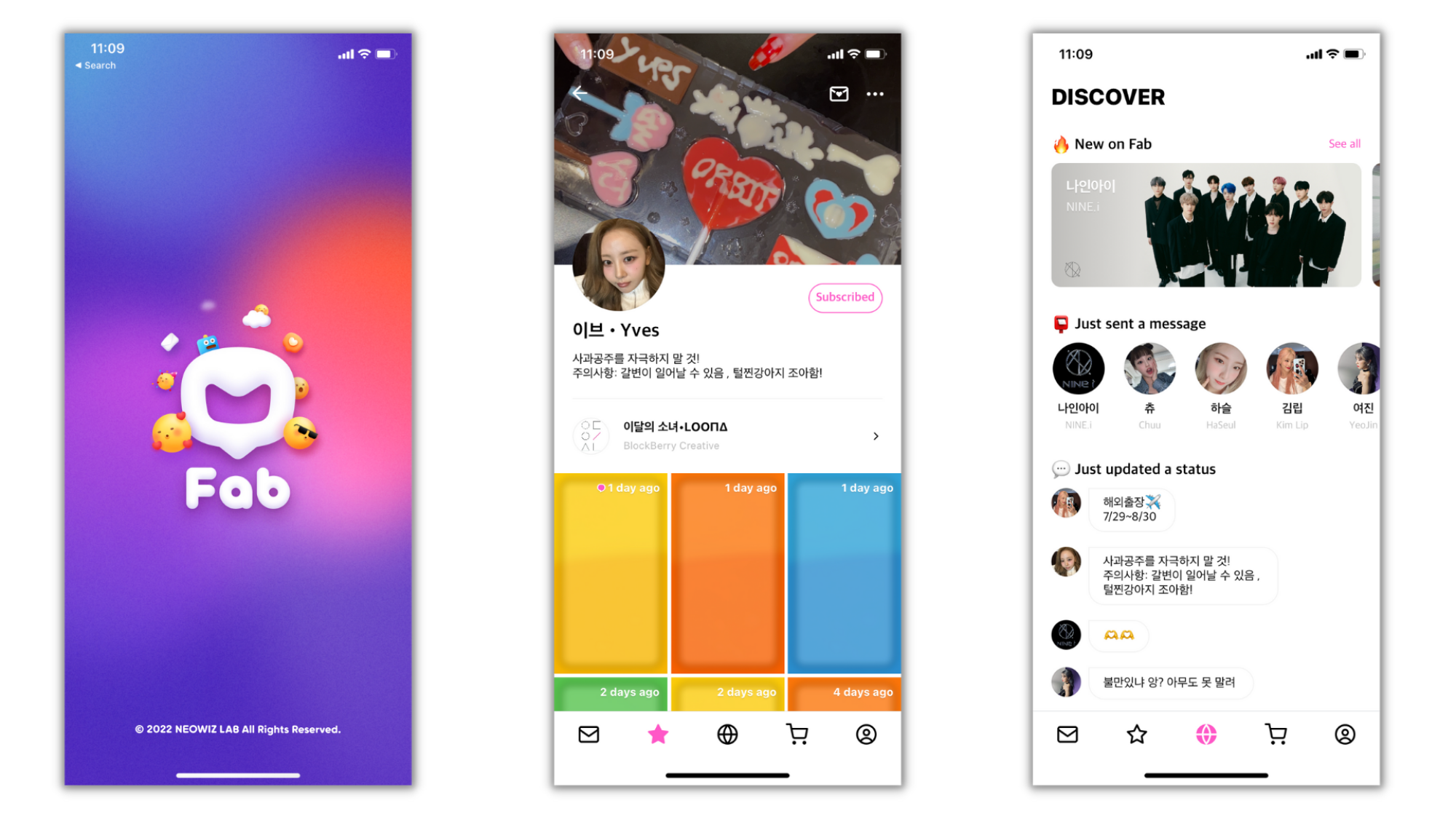 Three screenshots from the Fab app, including the purple home screen, the artists page for Loona member Yves, and the discover tab.