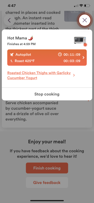 Pop-up notification showing how much time cooking time is left