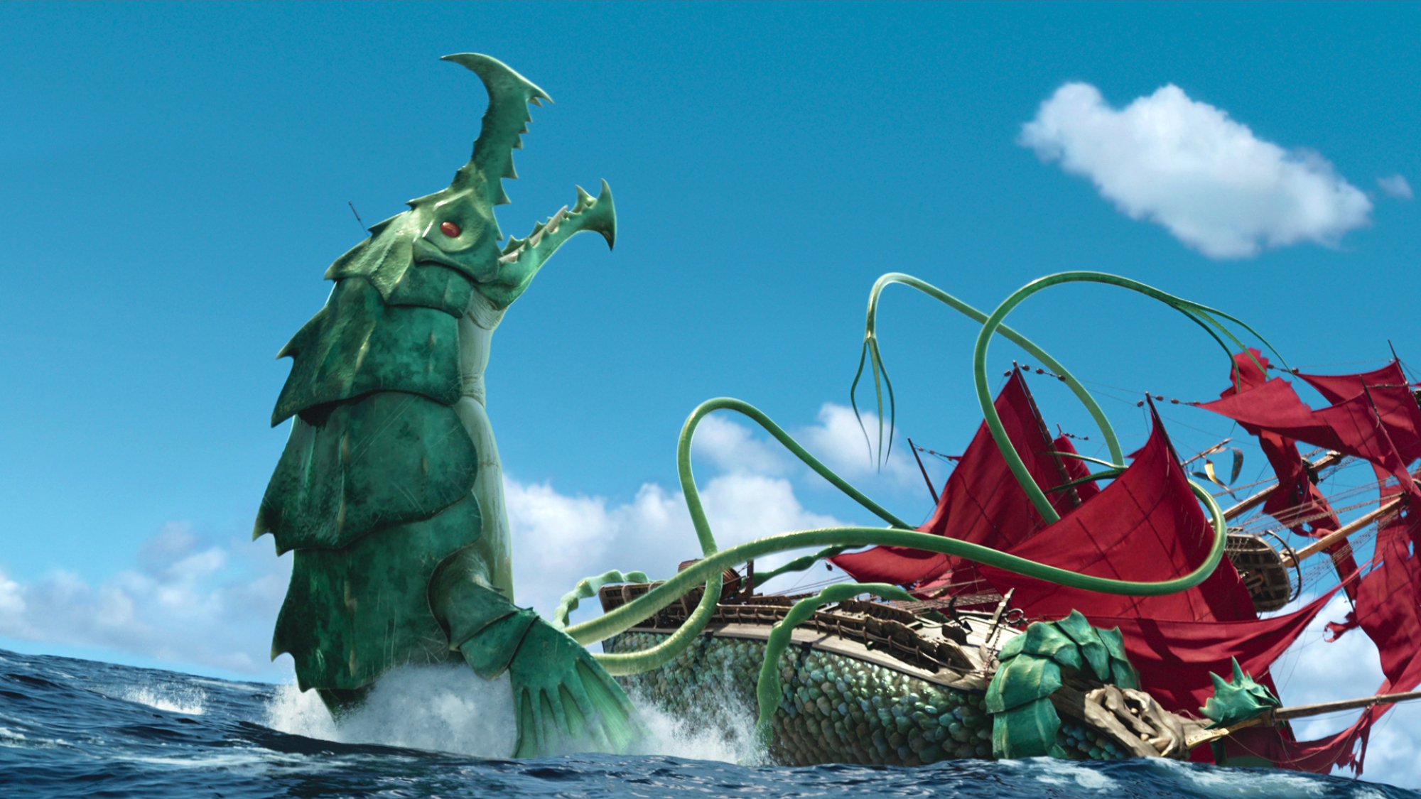 A giant animated sea beast destroys a ship.
