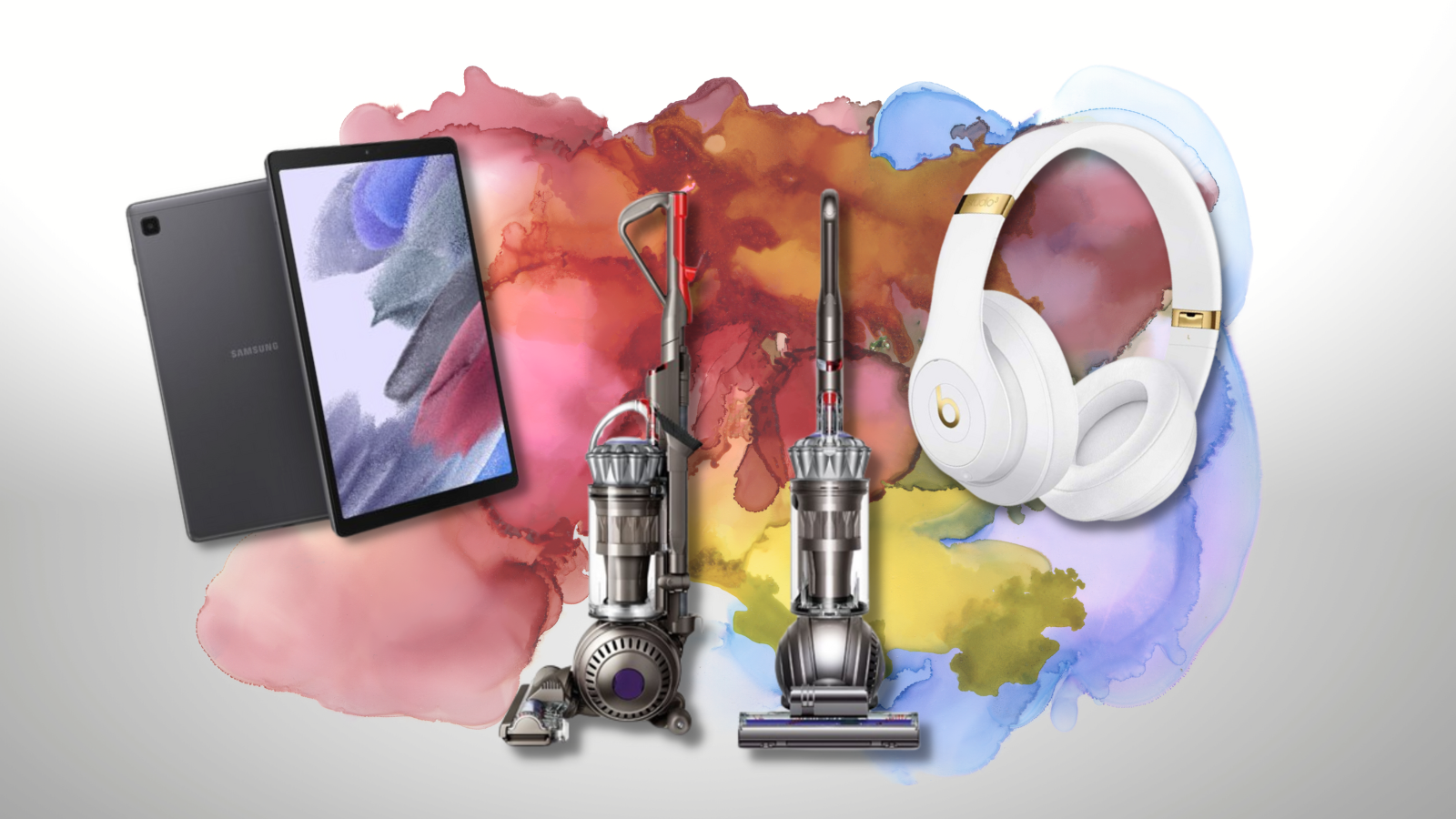 samsung galaxy tab, dyson ball vacuum, beats headphones against a colorful background