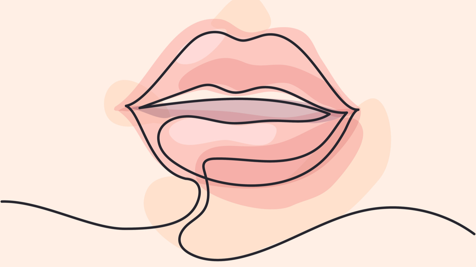 Line drawing illustration of a mouth on a pale pink background.
