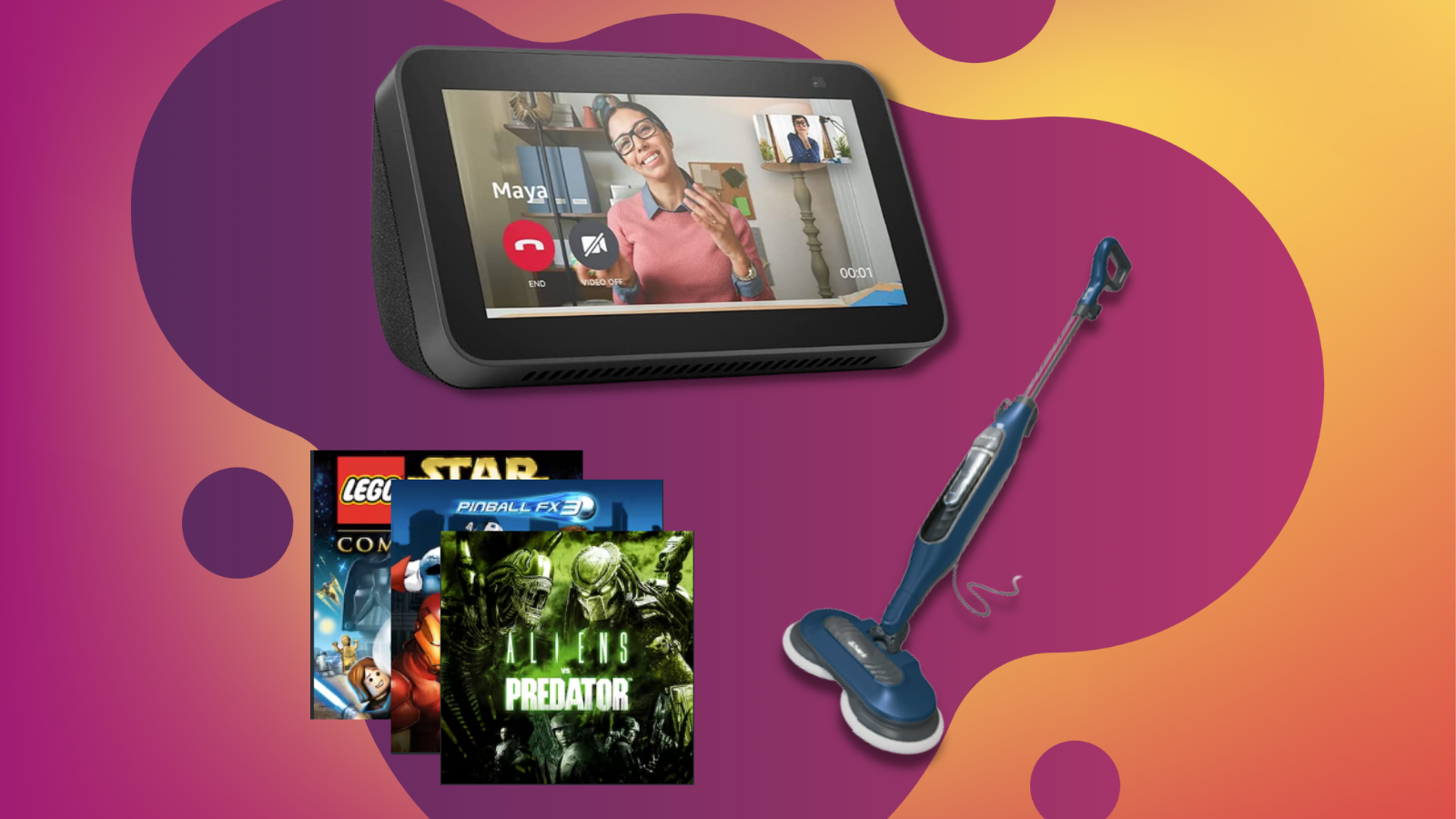 amazon echo show 5, video game covers, and shark steam mop with pink and orange background