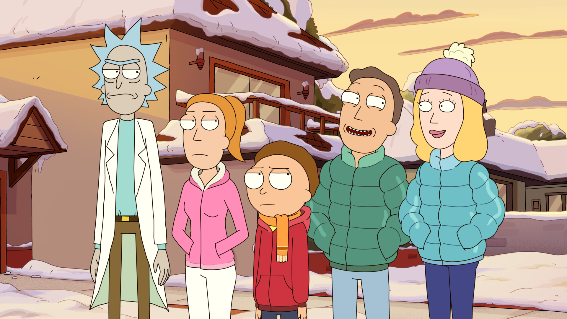 Rick Sanchez, Morty Smith, and their family stand in the snow.