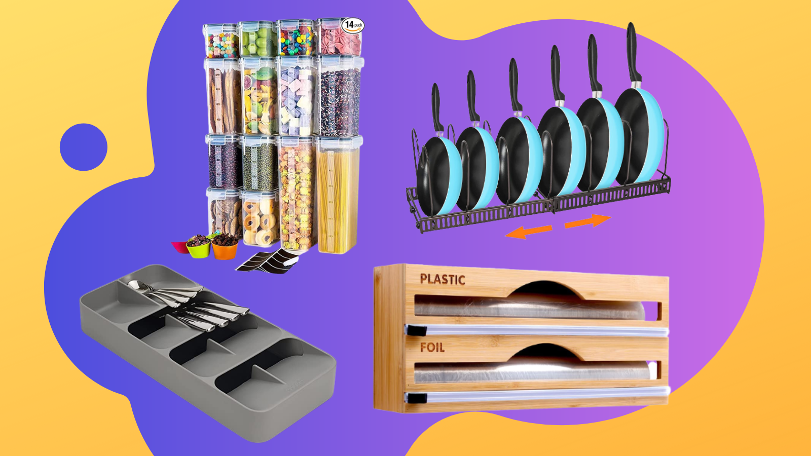 food storage containers, cutlery organizer, foil dispenser, and pan organizer with purple and yellow background