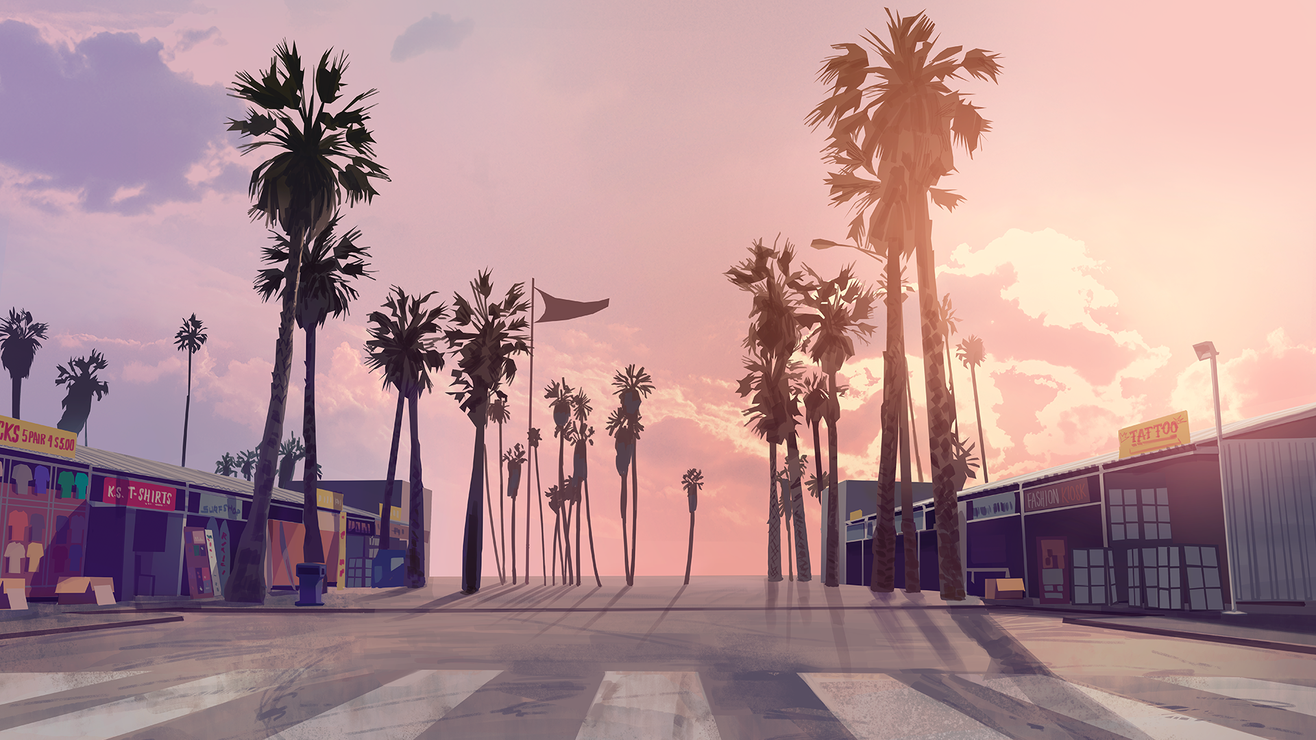 An in-game screenshot of a yellow sunset, seen while looking down a city street lined with palm trees.