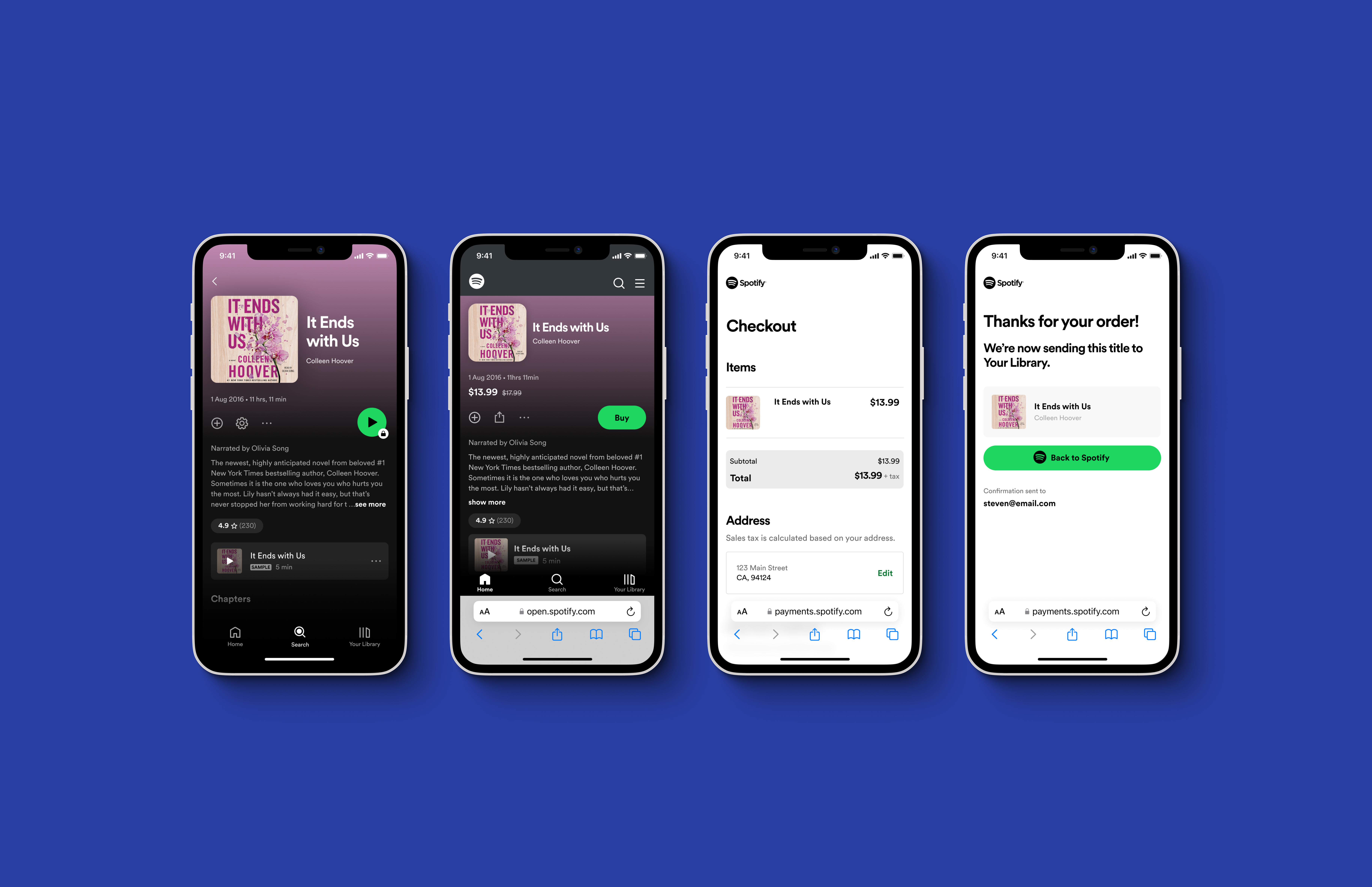 The process of buying a book on Spotify Audiobooks.