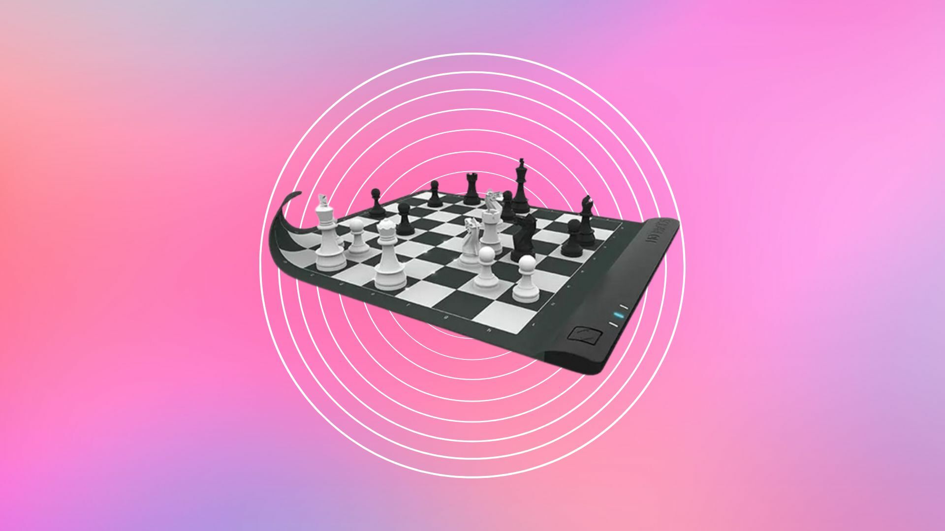 Square Off Pro: World's First Rollable Tournament e-Chessboard on a colorful background.
