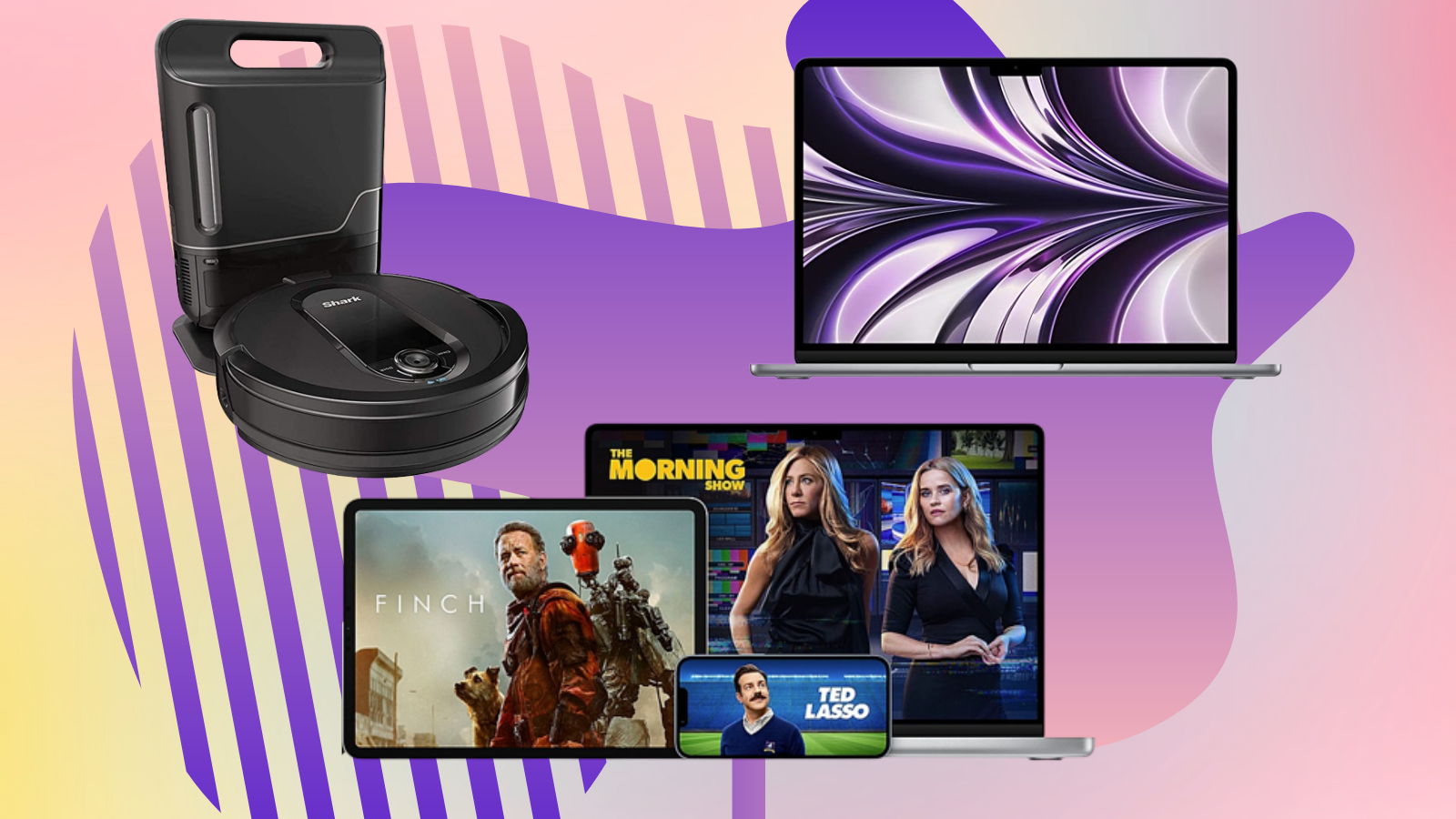shark robot vacuum, macbook air, and apple tv devices showing apple tv+ all against a purple and pink background