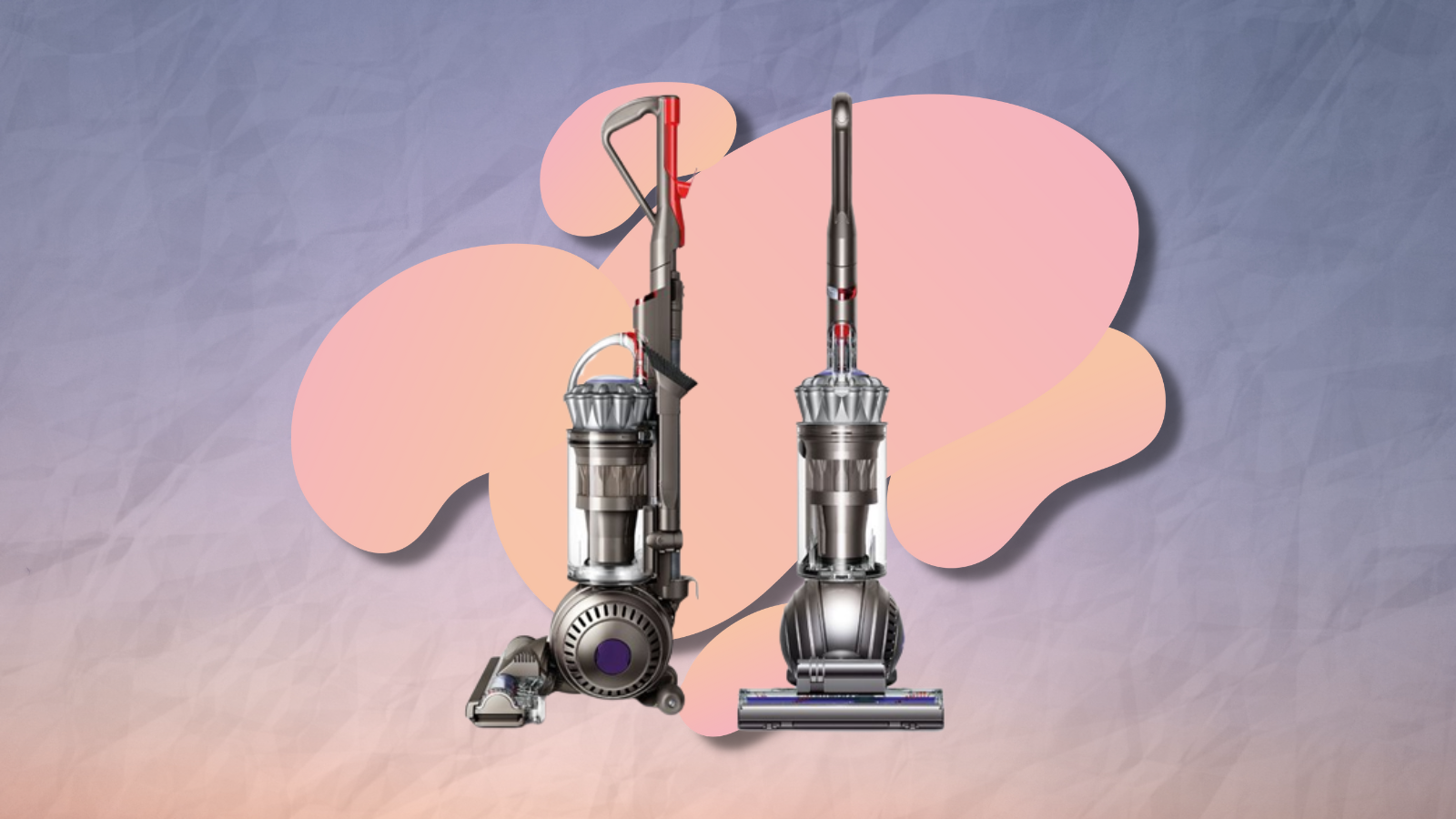 dyson ball animal 2 upright vacuum from side and front angle with pink and purple background