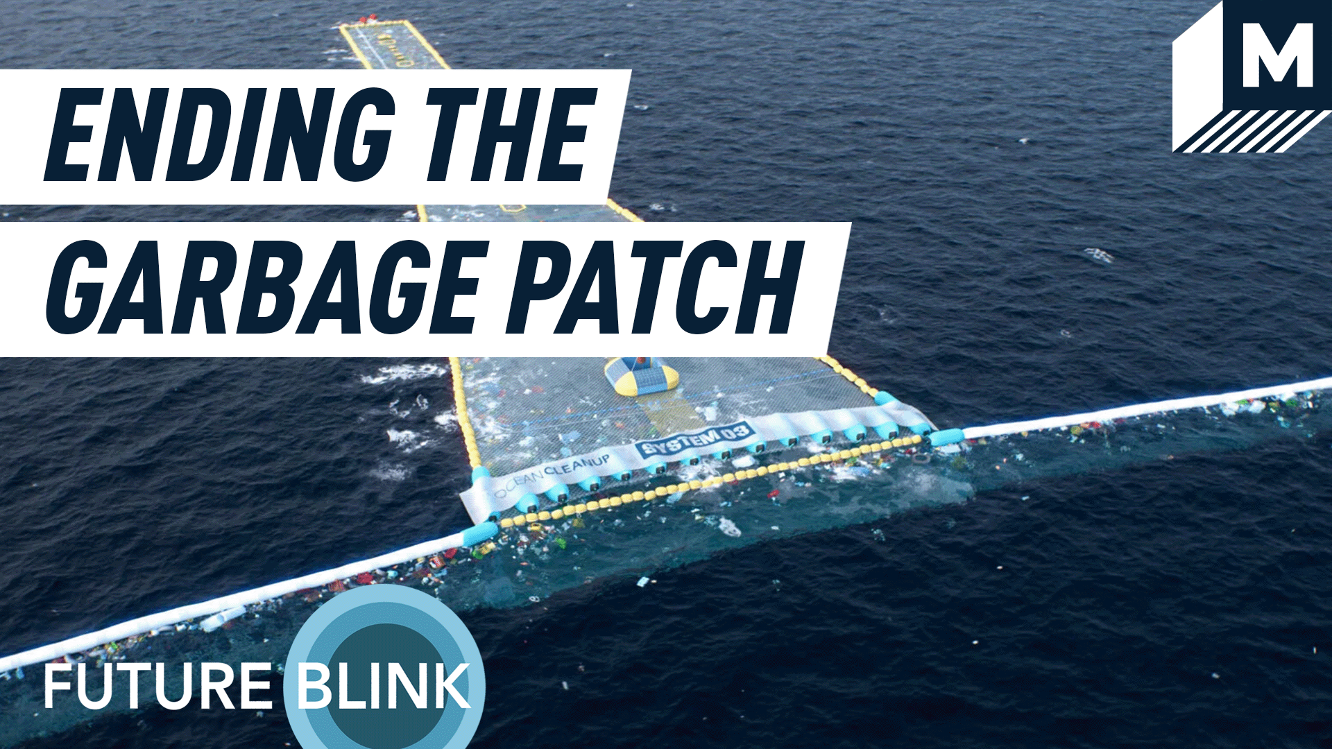 The Ocean Cleanup's rendering of the system 03 artificial coastline collecting trash in the North Pacific Ocean