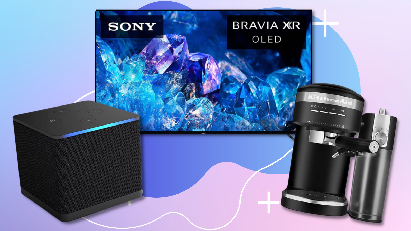 amazon fire tv cube, sony smart tv, and kitchen aid espresso maker against purple background