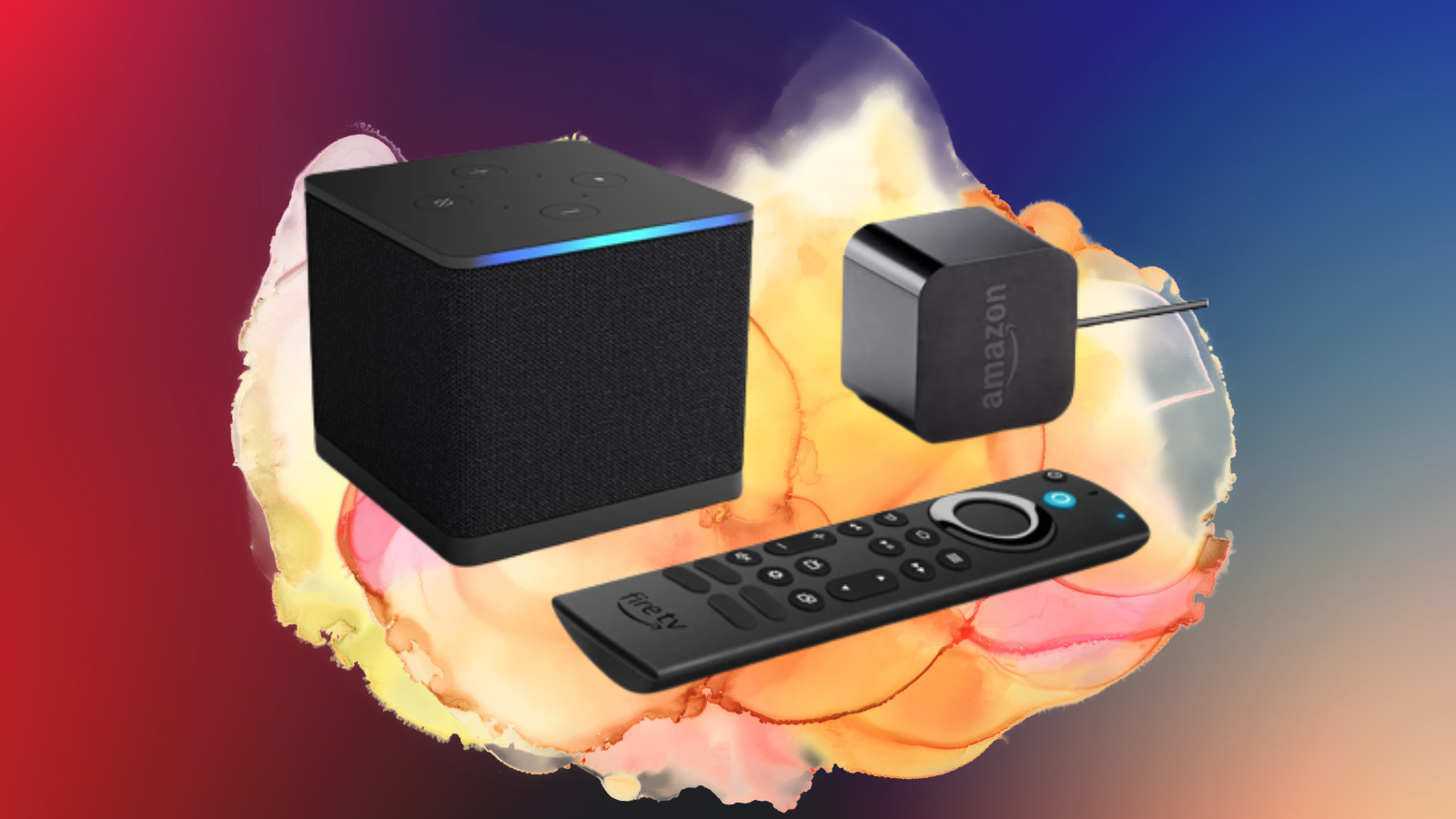 amazon fire tv cube 4k with remote and power adapter with blue and orange background