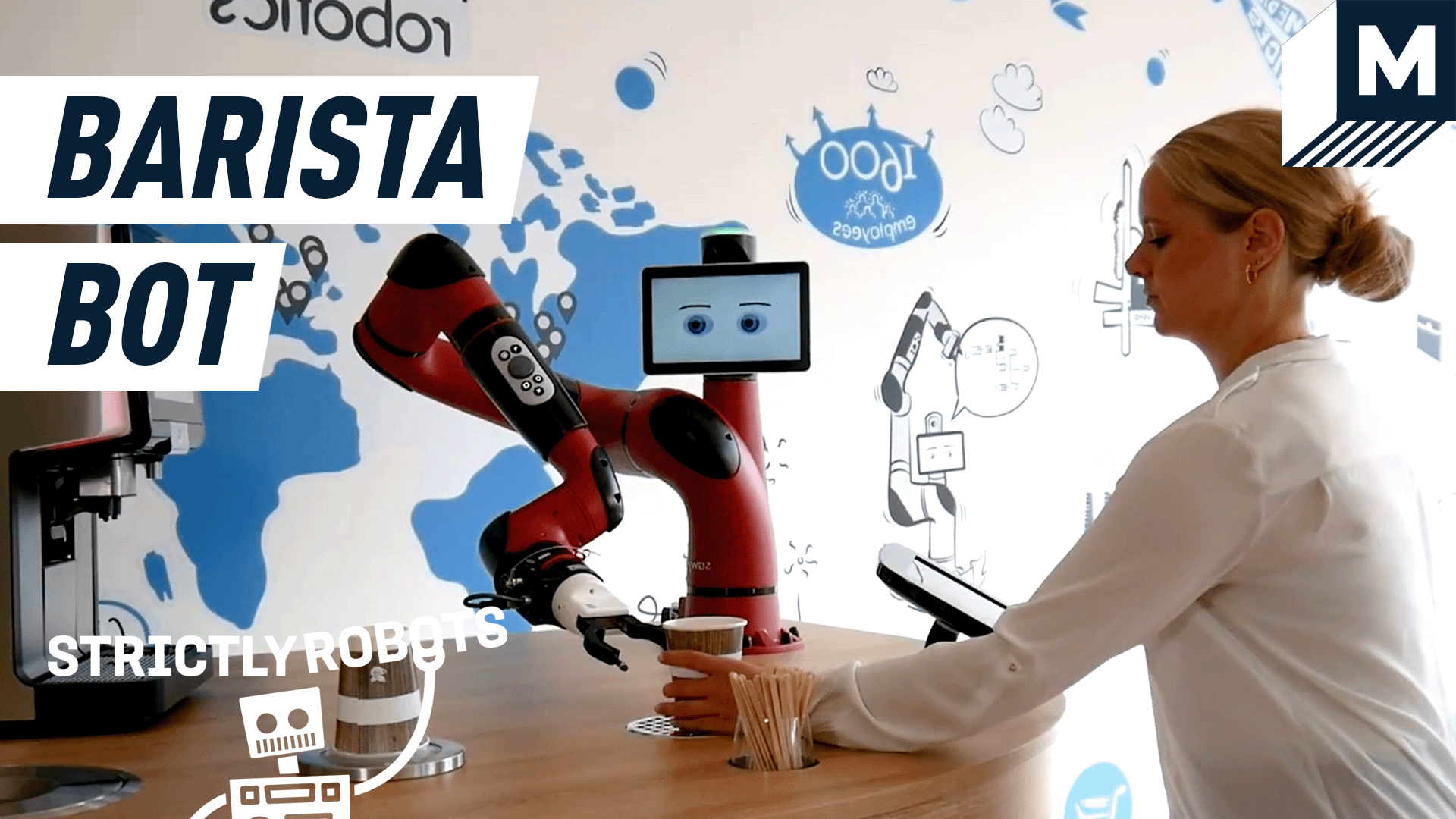 The Sawyer Cobot handing off a cup of coffee to a blonde woman