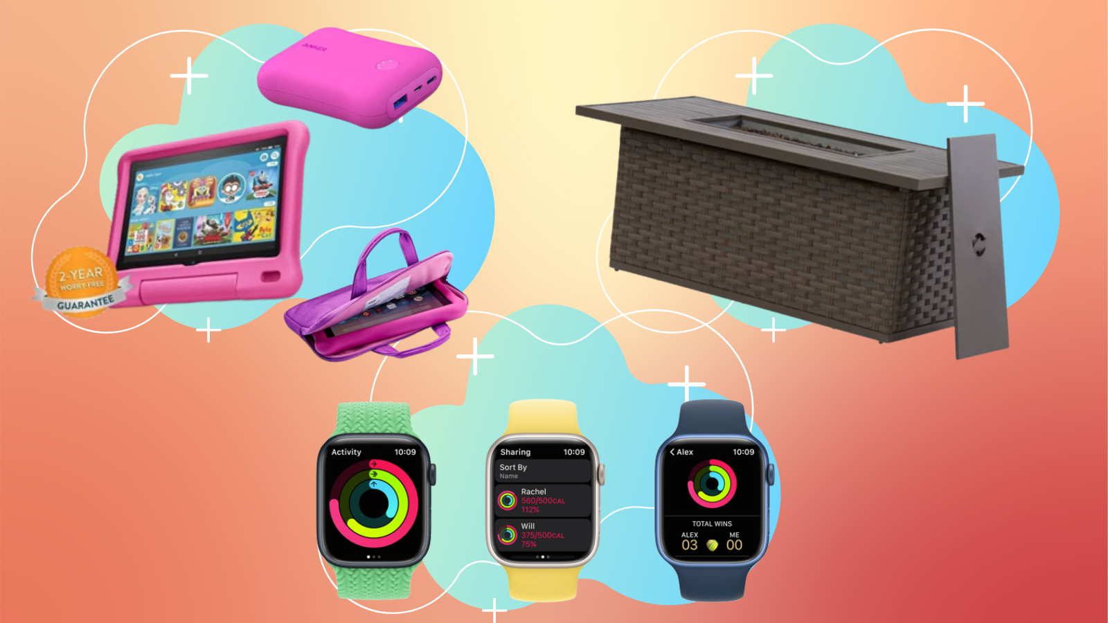 fire tablet and accessories, apple watches, and fire pit with blue and orange background