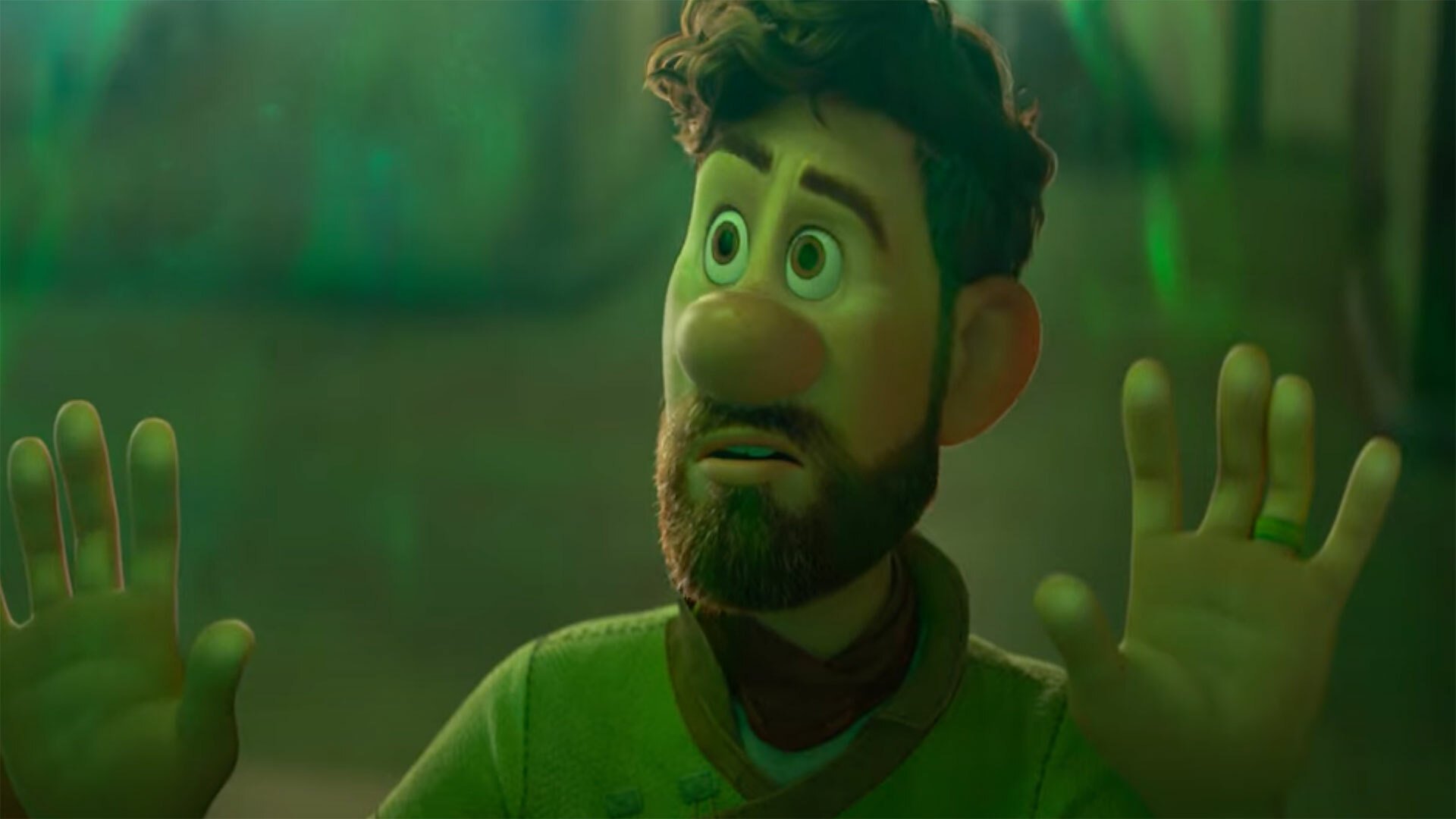 A CGI man standing in a green light looks out of his depth.