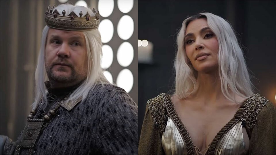 A side-by-side shot of a man and a woman, both in regal costumes with longe blonde hair.