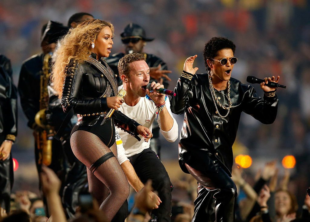 Beyonce, Chris Martin of Coldplay, and Bruno Mars perform during the Pepsi Super Bowl 50 Halftime Show at Levi's Stadium on February 7, 2016 in Santa Clara, California.
