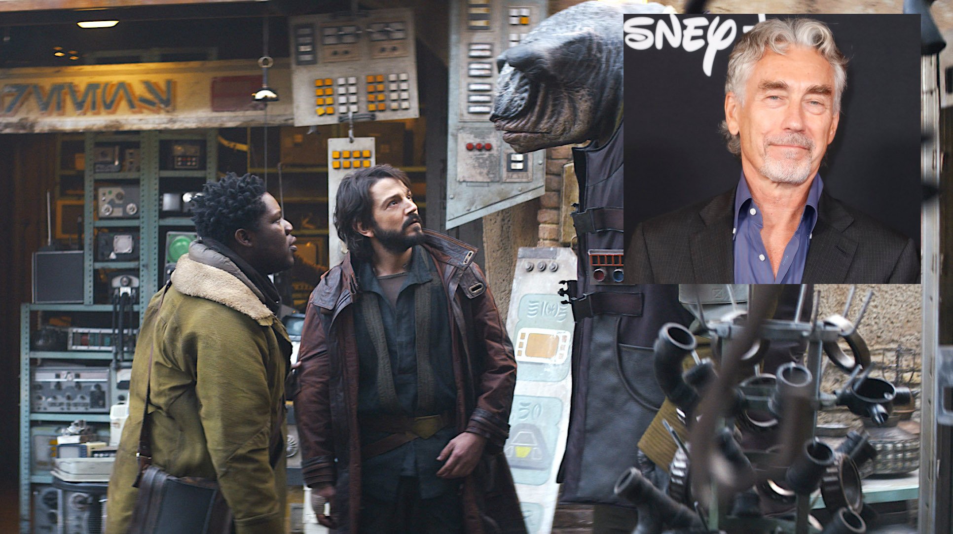 Cassian Andor with two characters from his show and Tony Gilroy, inset