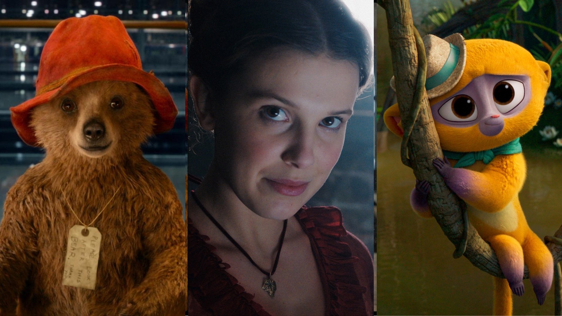 Paddington Bear, Enola Holmes, and Vivo the kinkajou
