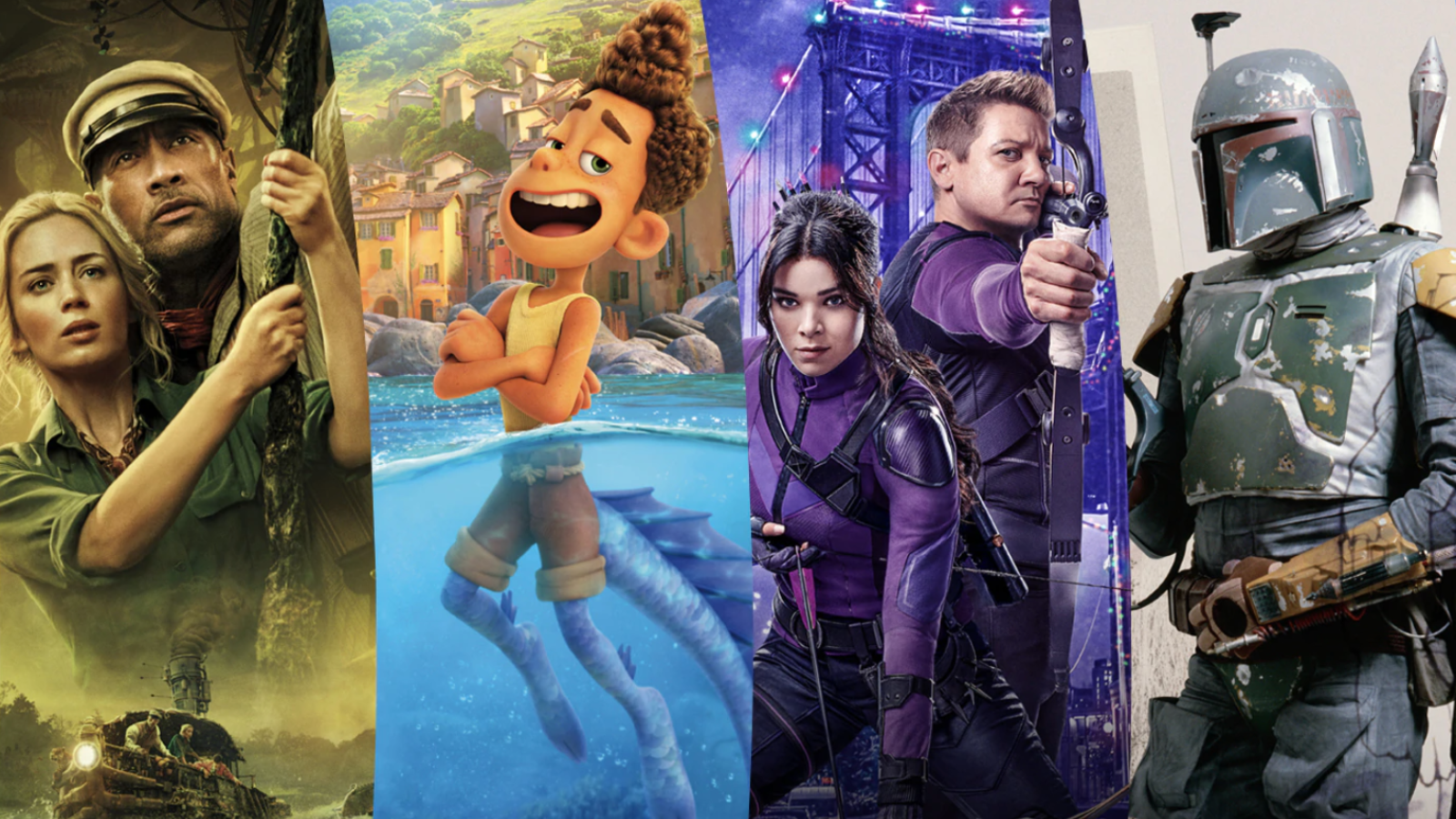 side-by-side stills from disney+ properties, including