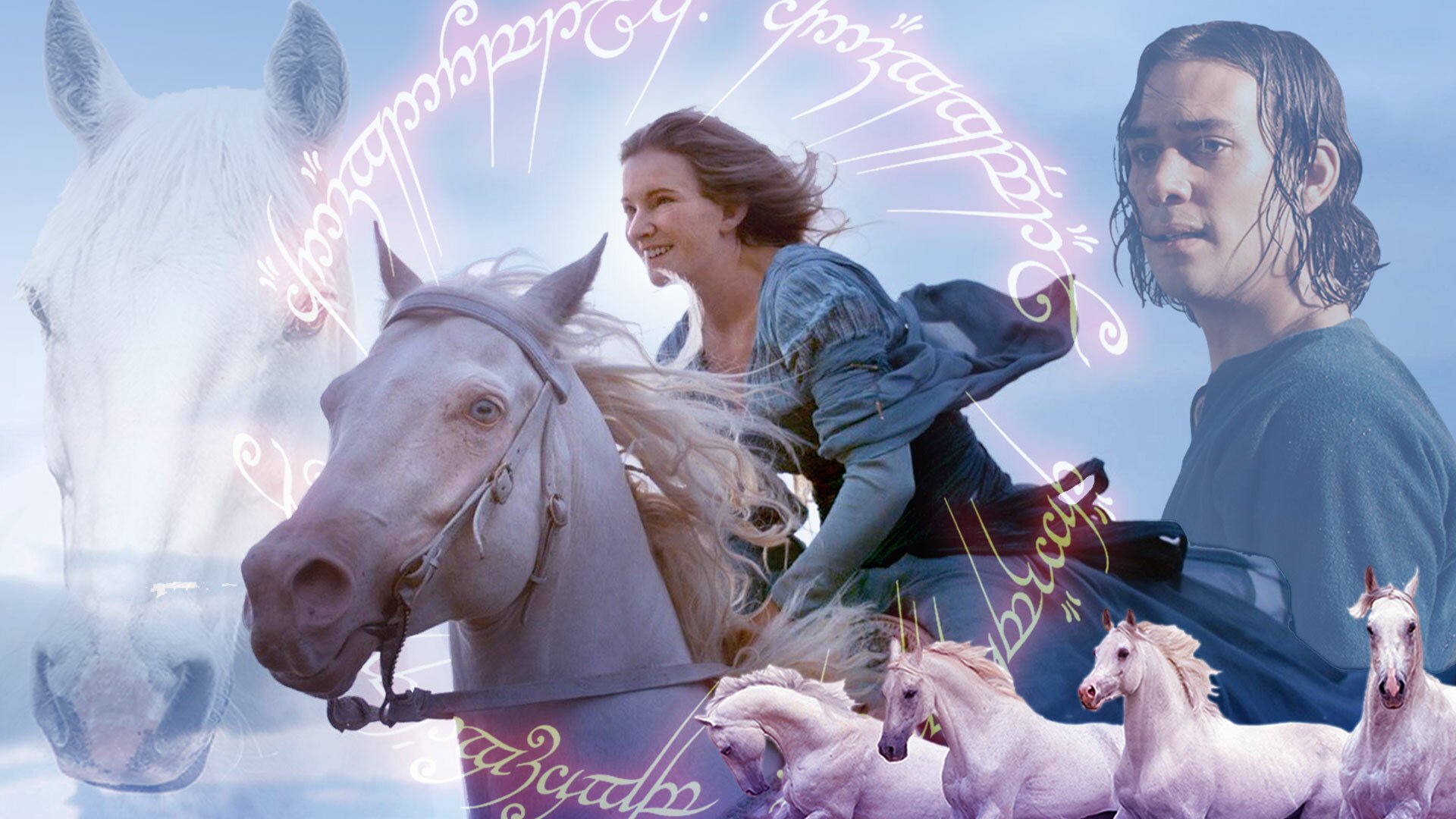 A composite image of white horses, an elf woman in blue riding a horse, a man in a blue shirt, and a ring of fiery text.