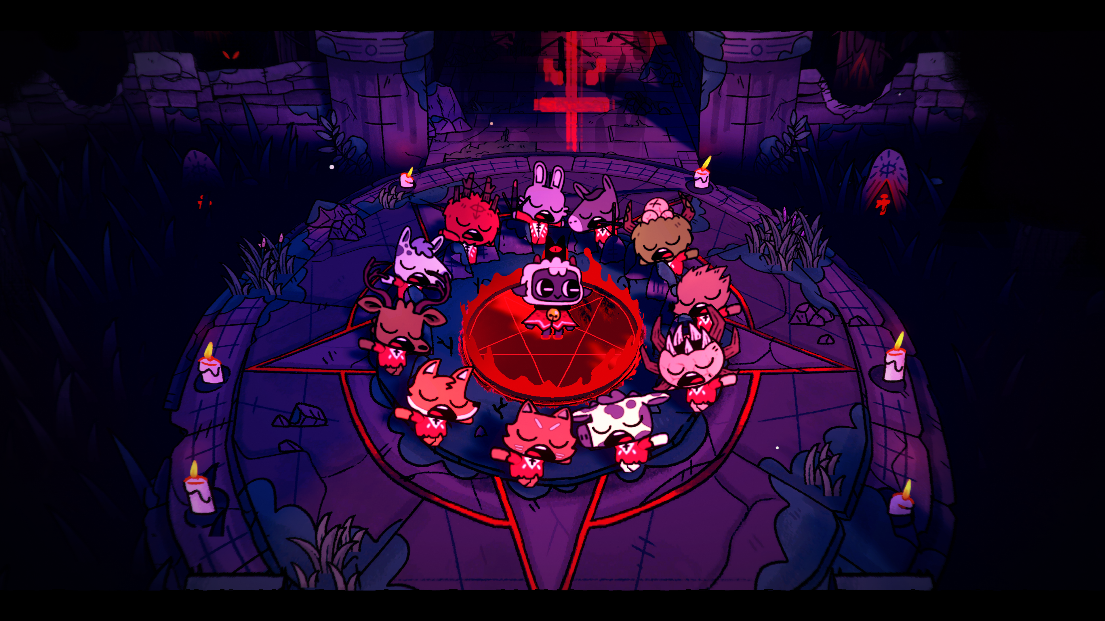A screenshot from The Cult of the Lamb showing the Lamb's followers in a circle around them.