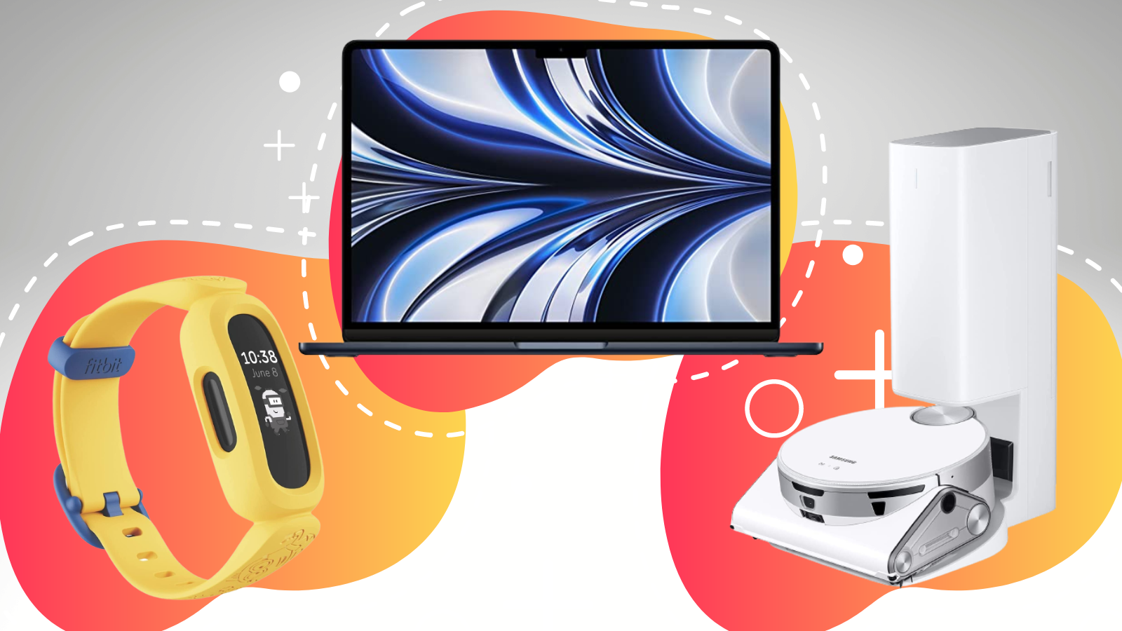 samsung robot vacuum, fitbit, and macbook with pink and yellow background