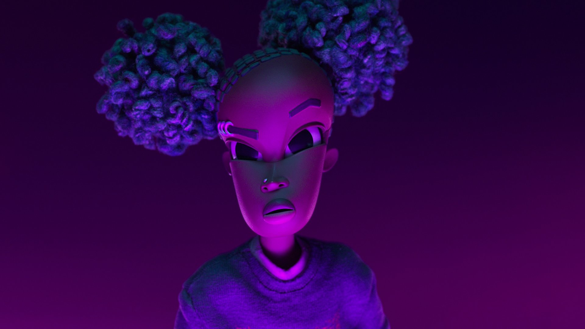 A cartoon teen with hair in bunches on a purple background.