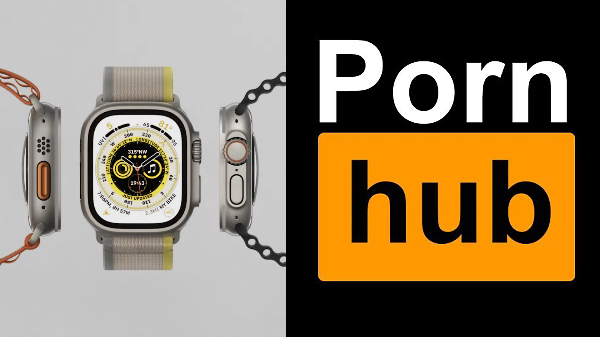 left: apple watch ultra; right: orange pornhub logo on black backdrop