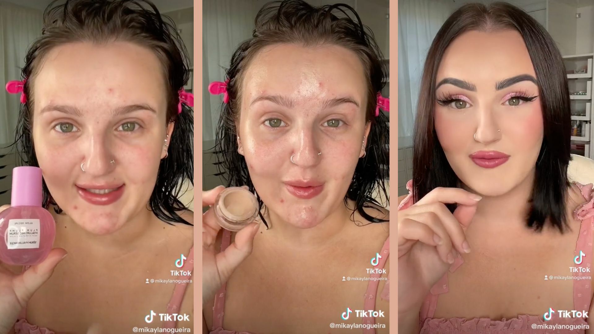 Three screenshots of TikTok videos by @mikaylanogueira showing her makeup techniques.