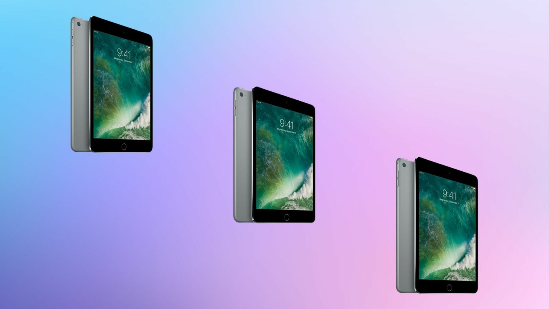 Refurbished Apple iPad Mini 4 on a colorful background.
