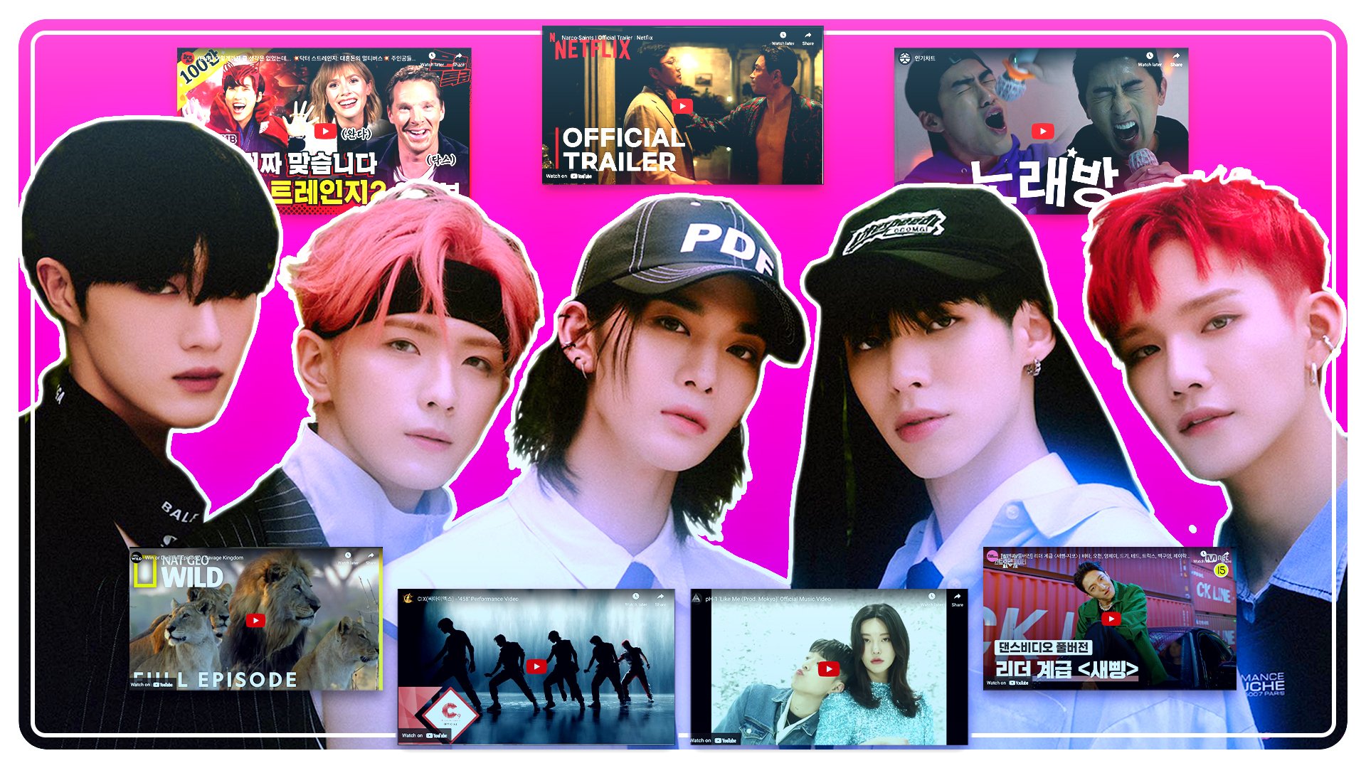 A photo of group members Hyunsuk, Yonghee, Bae Jinyoung, BX, and Seunghun surrounded by the thumbnails of the videos they talk about in their interview. The background is hot pink.