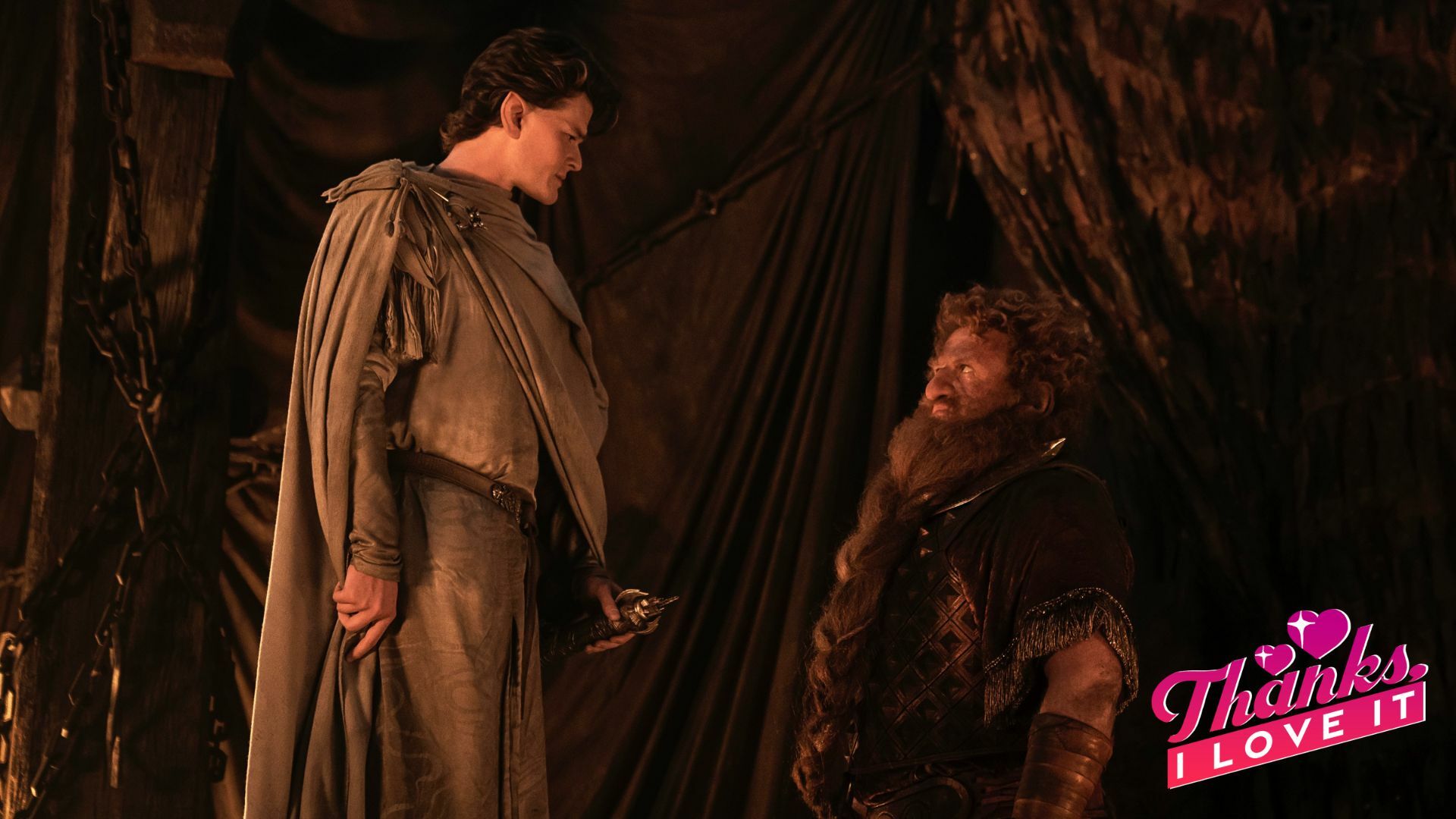 An elf and a dwarf face each other in a mine.