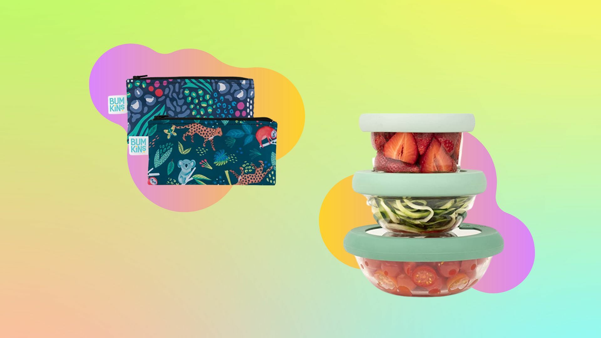Bumkins Snack Bags and Food Huggers Replacement Lids on a colorful background.