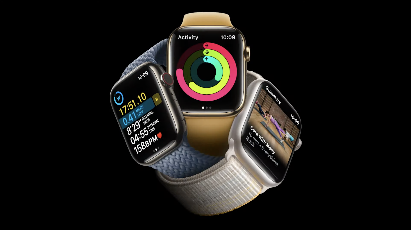 Three apple watch 8s on a black background