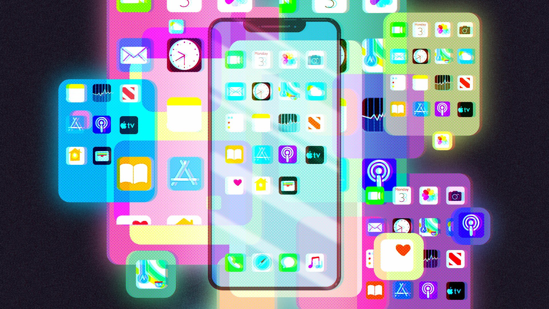 Illustration of iPhone screen with multiple overlays showing different app icons