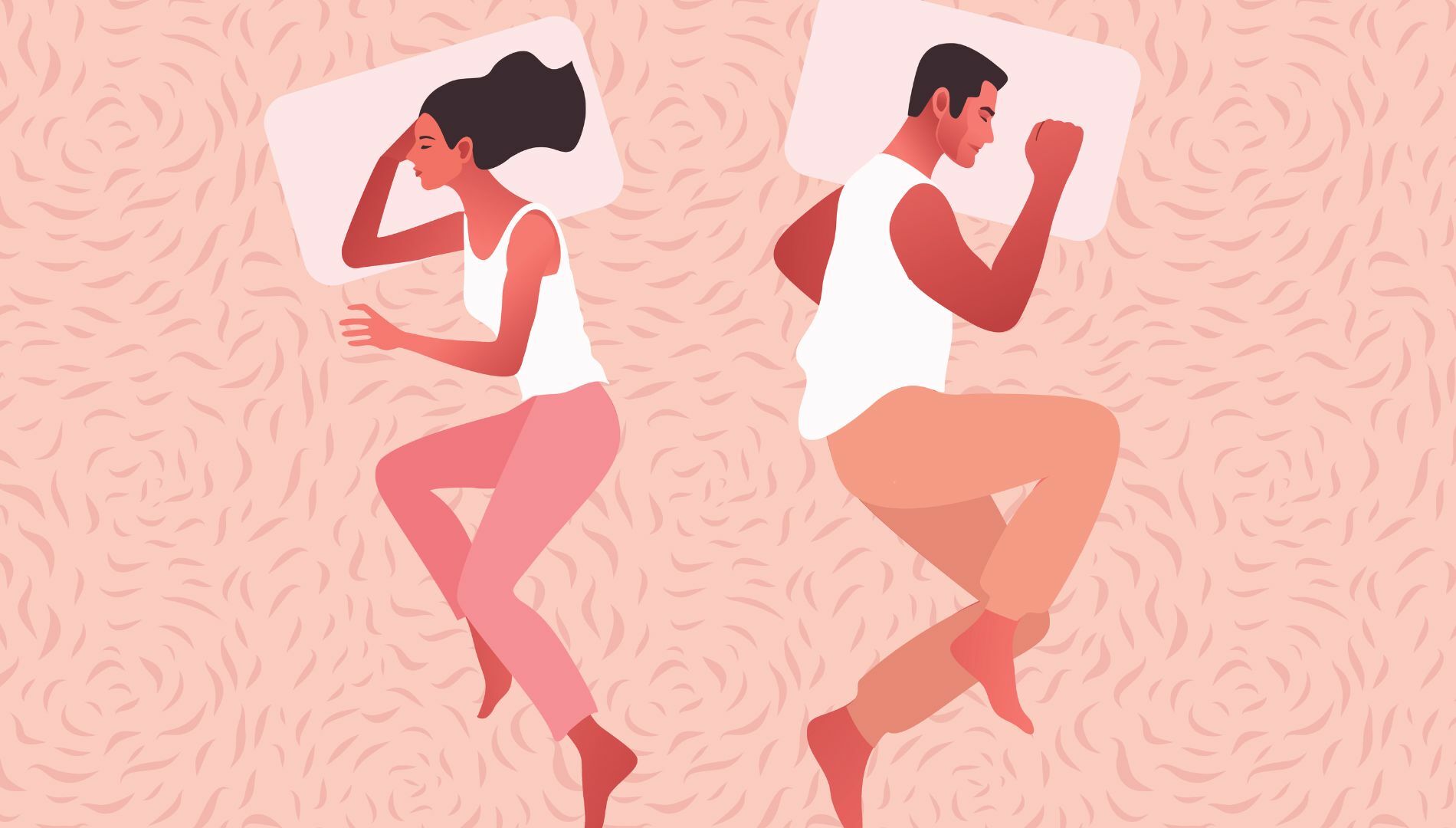 A couple sleeping far apart on a double bed, neither of them touching, both facing away from each other.