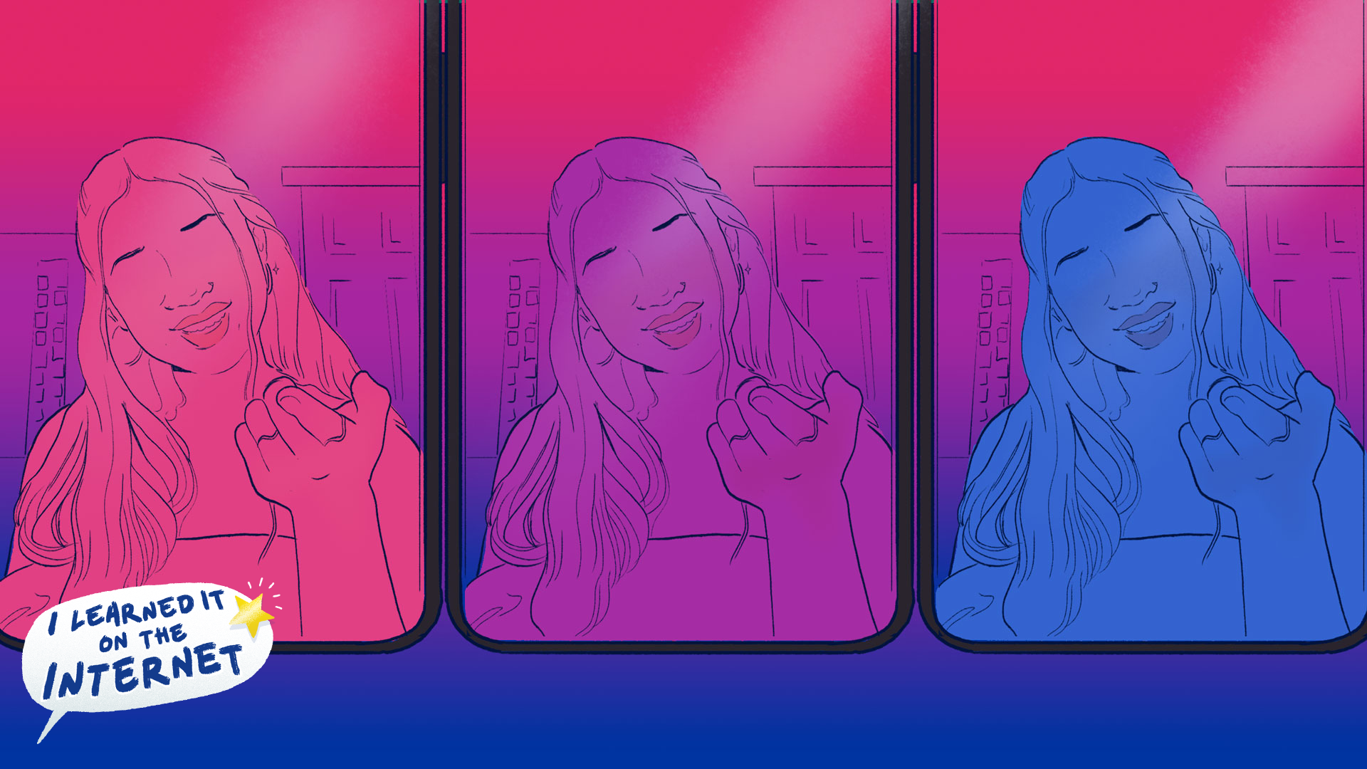 three panels of bi person on tiktok in pink, blue, and purple, the colors of the bi pride flag