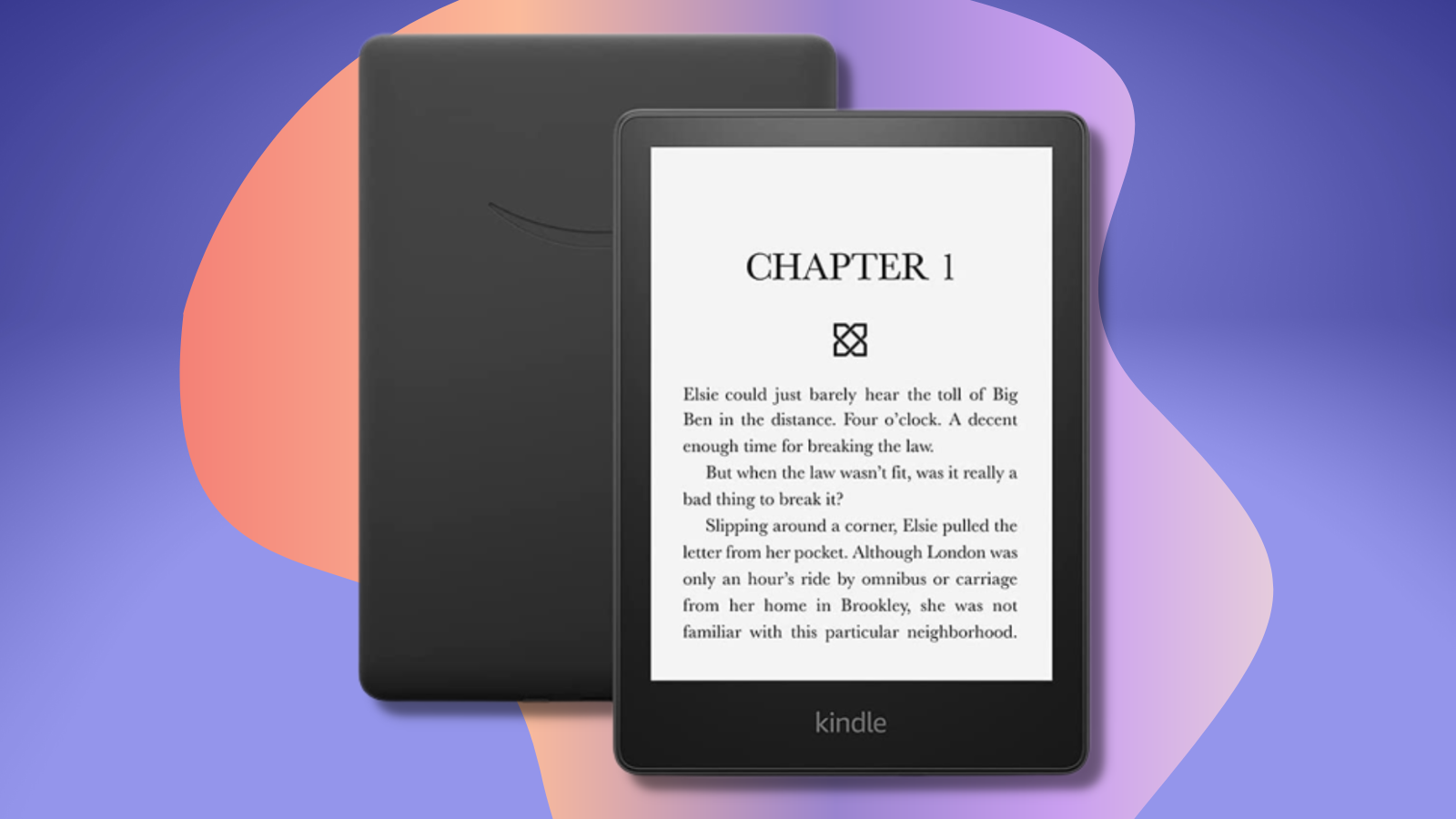kindle paperwhite front and back with purple and orange background
