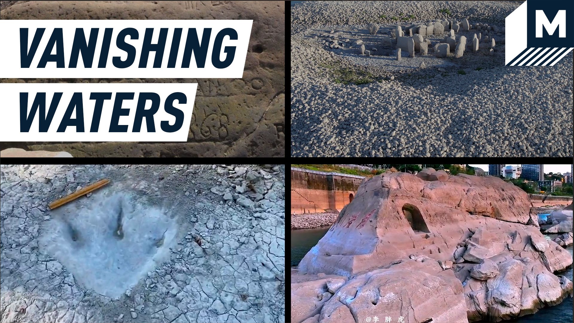 Screen split in four shows four images of relics found at the bottom of rivers - Top left down we see a 'hunger stone', megalithic monument, dinosaur footprints and a Buddhist statues carved into a rock. Caption reads: