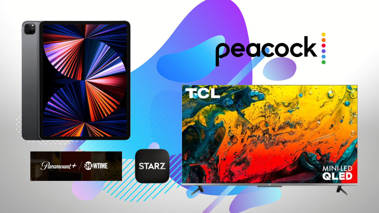 apple ipad pro and tcl 4k tv with streaming service logos and blue and white background
